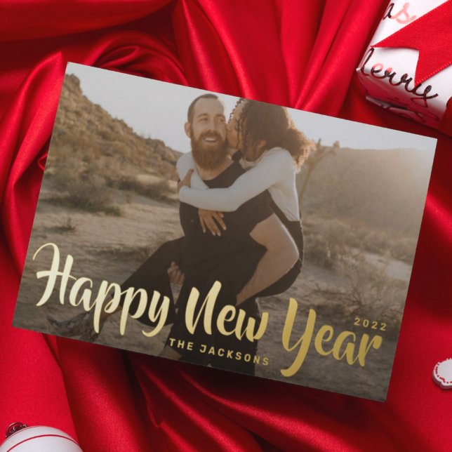 Simple Fun Merry Christmas Family Gold Photo Foil  Foil Holiday Postcard (Creator Uploaded)