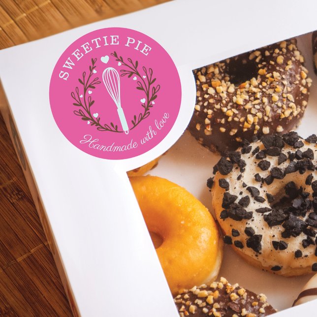 Simple, Fun & Minimal Style Bakery Whisk Logo Pink Classic Round Sticker (Creator Uploaded)