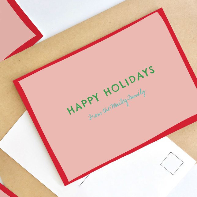 Simple Fun Pink and Red Holiday Postcard (Playful and simple, this holiday postcard features fun fonts and bold, cheerful colors.)
