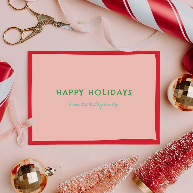 Simple Fun Pink and Red Photo Holiday Card (Playful and simple, this holiday card features fun fonts and bold, cheerful colors.)