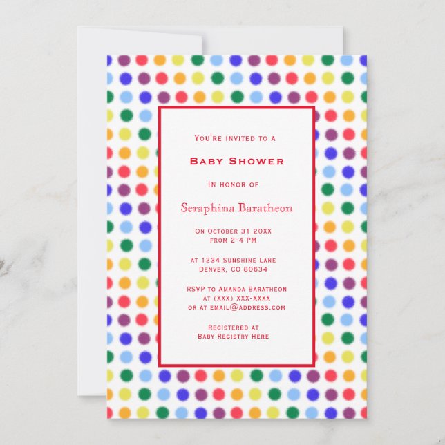 Simple Fun Rainbow Polka Dot Border Baby Shower Invitation (Front)