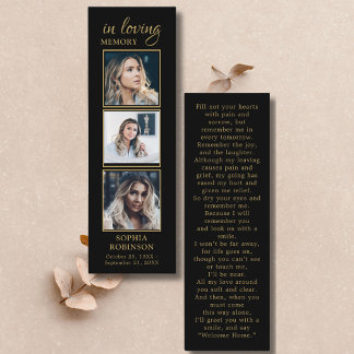 Simple Funeral 3 Photo Gold Black Prayer Card