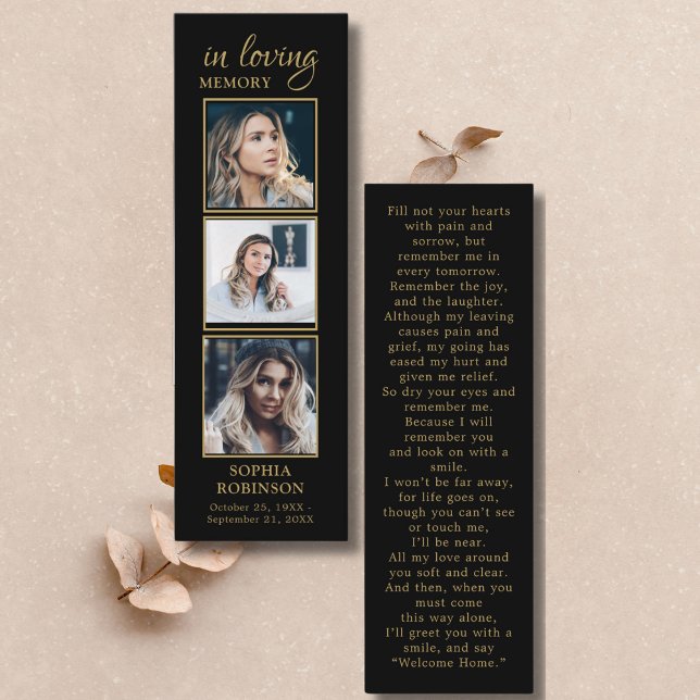 Simple Funeral 3 Photo Gold Black Prayer Card (Creator Uploaded)