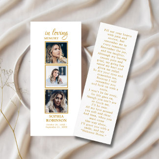 Simple Funeral 3 Photo Gold Sympathy Prayer Card