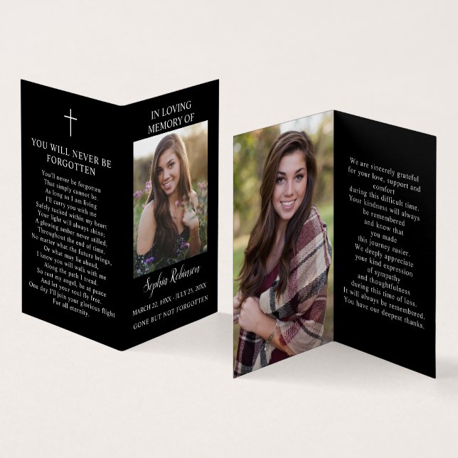 Simple Funeral Memorial Photo Black Prayer Card (Inside and Outside)