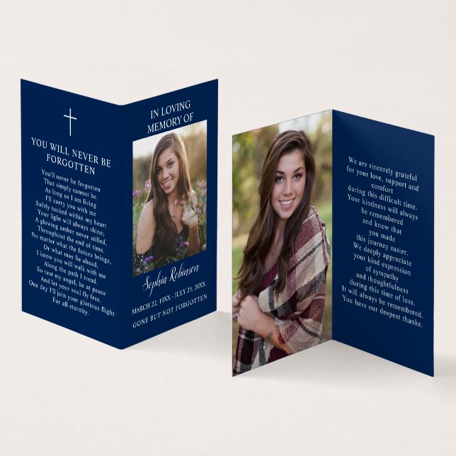 Simple Funeral Memorial Photo Blue Prayer Card (Inside and Outside)