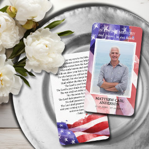 Simple Funeral Memorial Photo US Flag Prayer Card