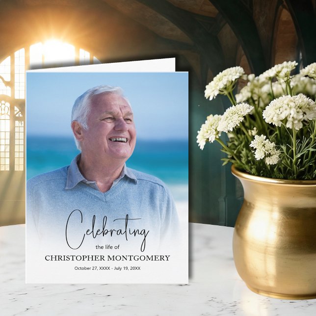 Simple Funeral Photo Folded Thank You Card (Funeral celebration of life folded thank you cards, message over a photo on the front)