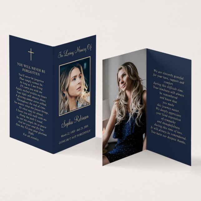 Simple Funeral Photo Folder Gold Blue Prayer Card (Inside and Outside)