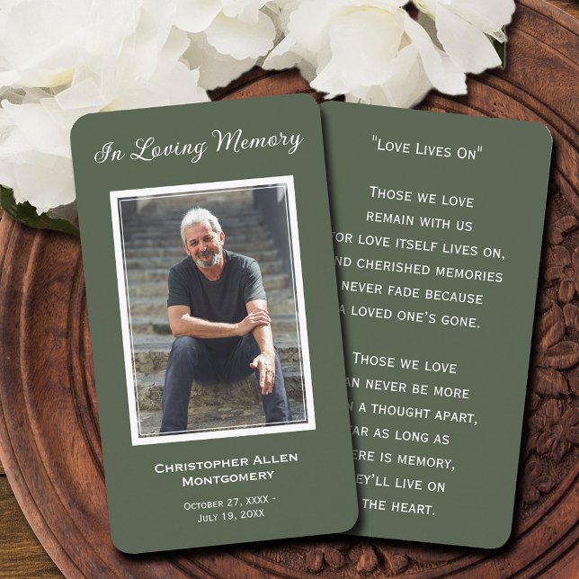 Simple Funeral Photo Sympathy Memorial Prayer Card (SMALL 3.5" x 2" photo funeral memorial cards, details on front, poem or prayer on back)
