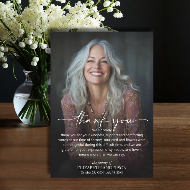 Simple Funeral Photo Thank You Card (Funeral Thank You Card with your message printed over your loved one's photo, default size 3.5" x 5")