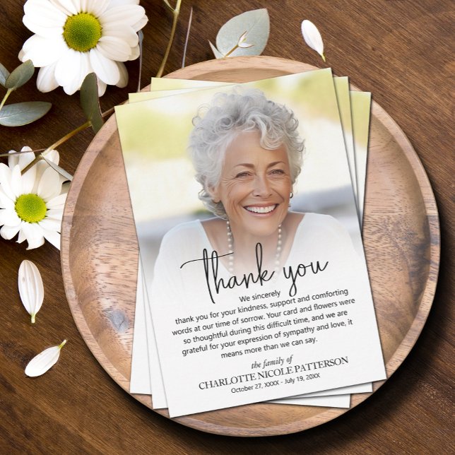 Simple Funeral Photo Thank You Card (Simple photo funeral flat thank you notes with your personalized message)