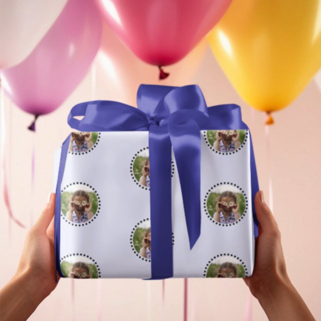 Simple Funny Chic Editable Round Photo Polka Dot Wrapping Paper (This funny and chic wrapping paper features a round polka dot framed photo repeating pattern.)