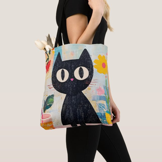 Simple Funny Cute Black Cat Tote Bag (Close Up)