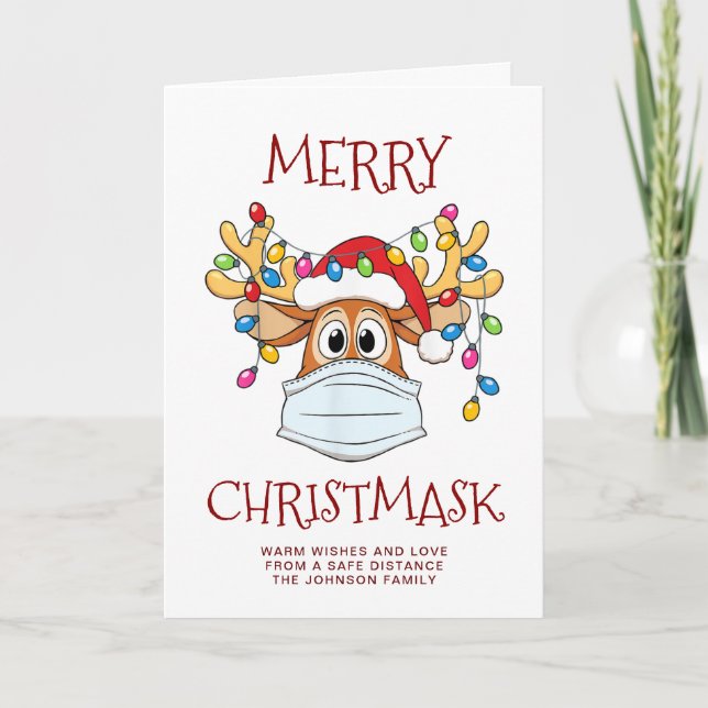Simple Funny Merry Christ-Mask Reindeer Greeting Holiday Card (Front)