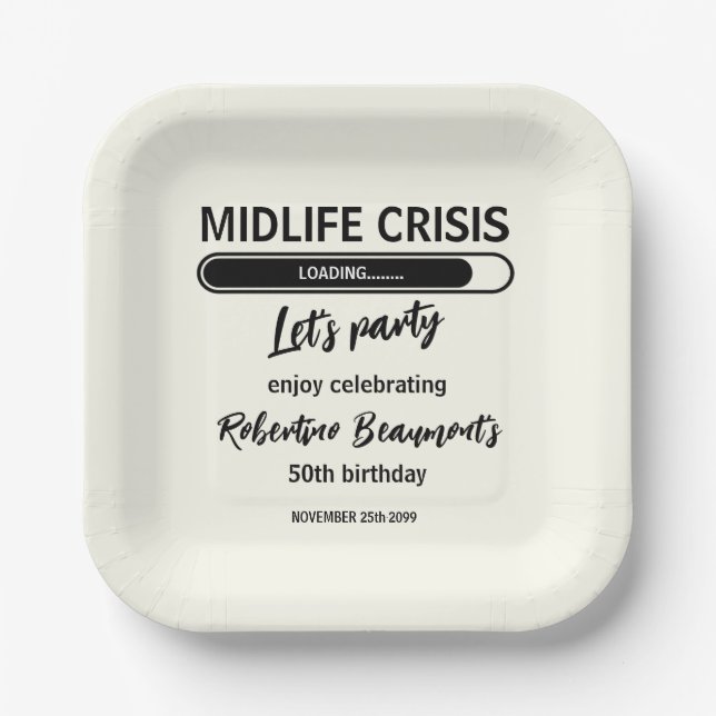 Simple Funny Midlife Crisis Loading 50th Birthday Paper Plate (Front)