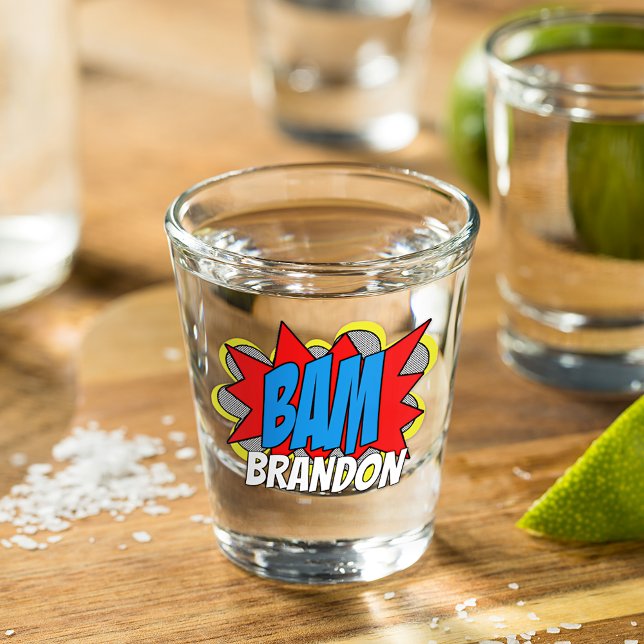 Simple Funny Modern Trendy Comic BAM! Cheers Shot Glass (Creator Uploaded)