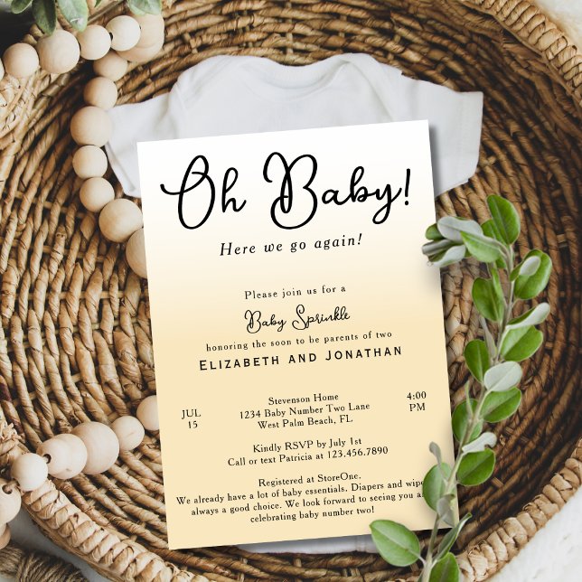 Simple Funny Oh Baby Yellow 2nd Baby Sprinkle Invitation (Creator Uploaded)