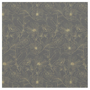 Simple garden flowers gold outlines design fabric