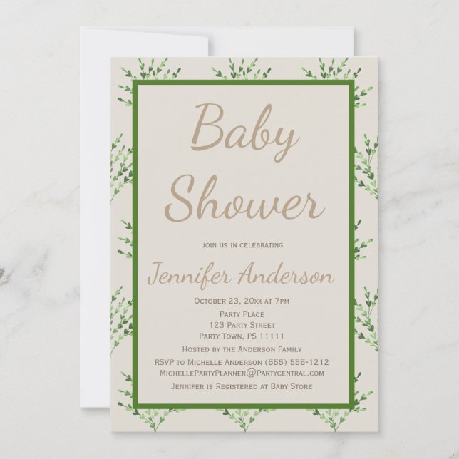 Simple Gender Neutral Green Tan Baby Shower Invitation (Front)