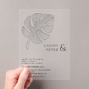 Simple gentle embossed tropical monstera leaf acrylic invitations