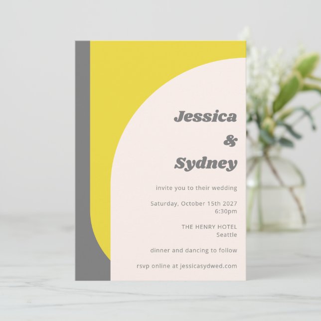 Simple Geometric Arch Yellow Grey Wedding Invitation (Standing Front)