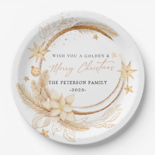 Simple Geometric Golden Floral Christmas  Paper Plate