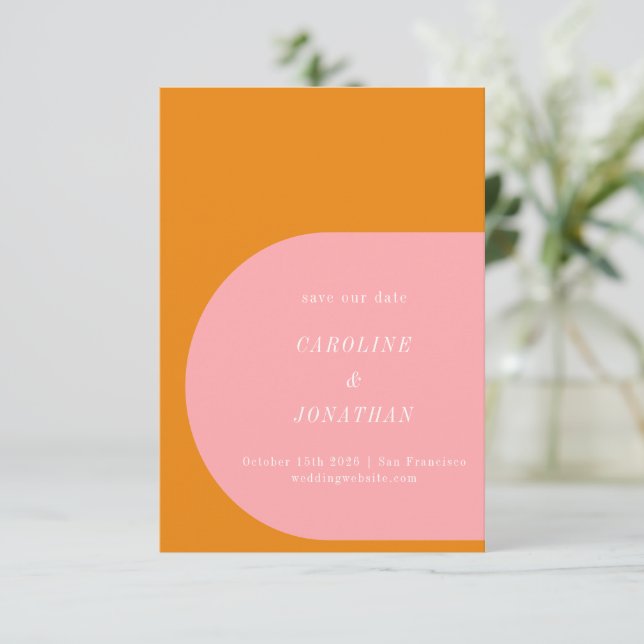 Simple Geometric Pink and Orange Typography Save The Date (Standing Front)
