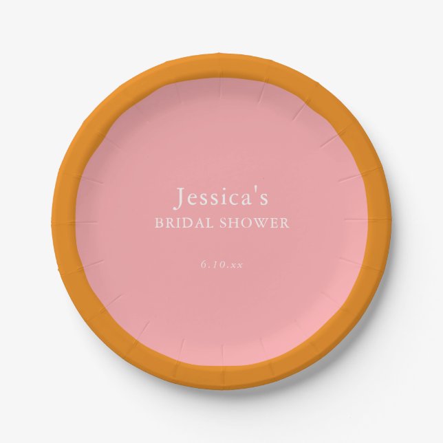 Simple Geometric Pink Orange Custom Bridal Shower  Paper Plate (Front)