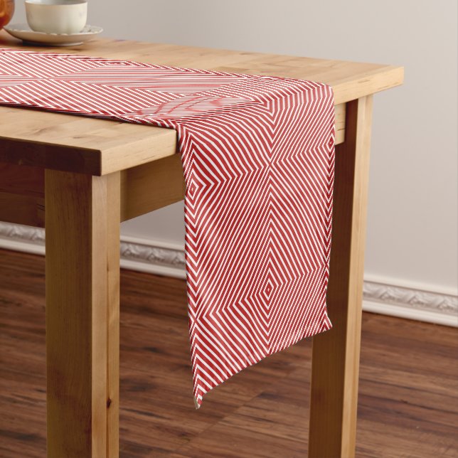 Simple Geometric Squares & Stripes Red/White Short Table Runner (In Situ)