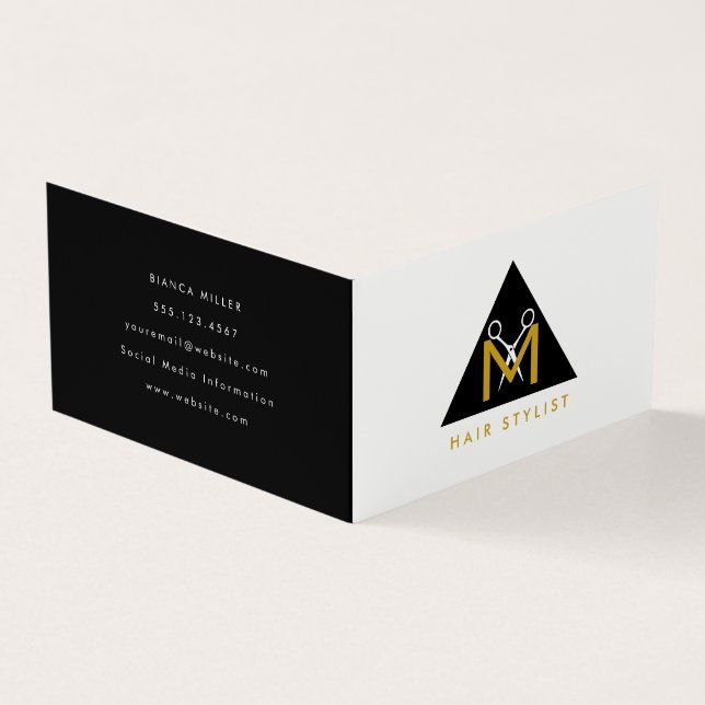 Simple Geometric Triangle Scissor Logo Business Card (Outside)