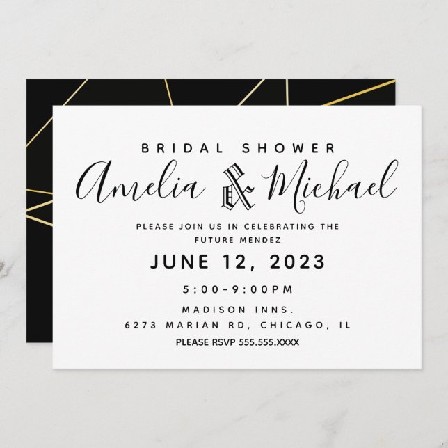 Simple Geometrical Gold and Black Bridal Shower Invitation (Front/Back)