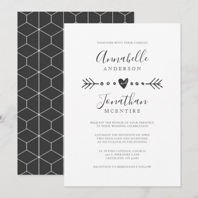Simple Geometry Heart and Arrow Dark Grey Wedding Invitation (Front/Back)