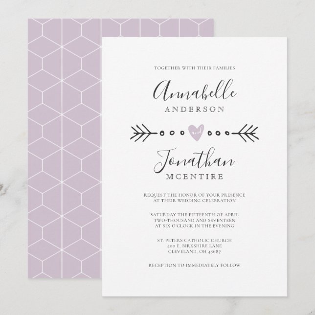 Simple Geometry Heart and Arrow Lilac Wedding Invitation (Front/Back)