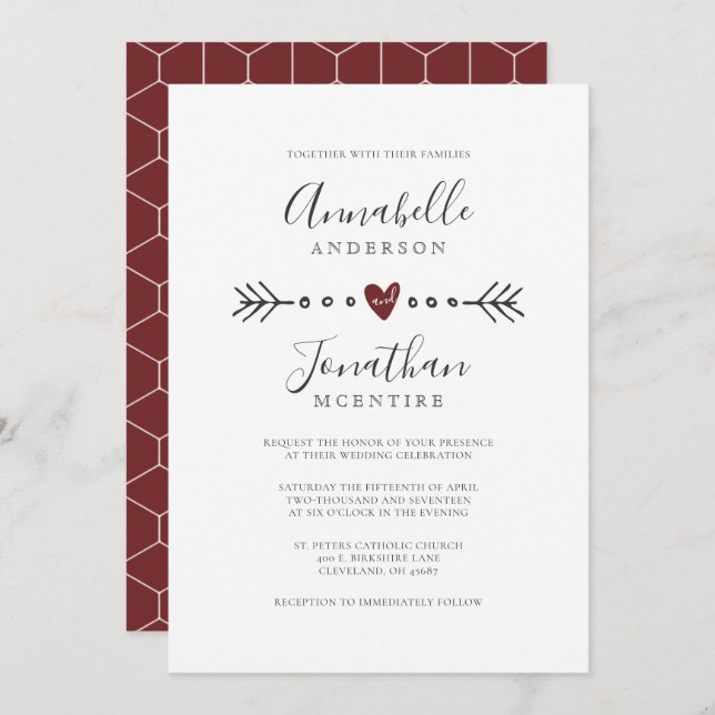 Simple Geometry Heart and Arrow Red Wine Wedding Invitation (Front/Back)