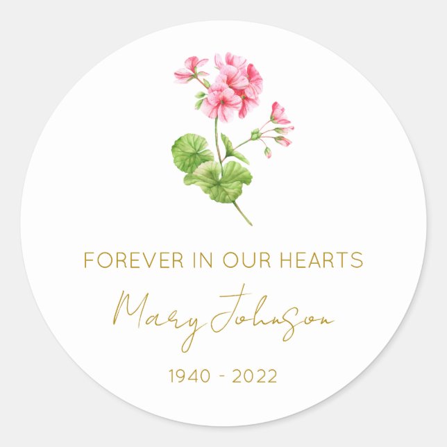 Simple Geranium Memorial  Classic Round Sticker (Front)