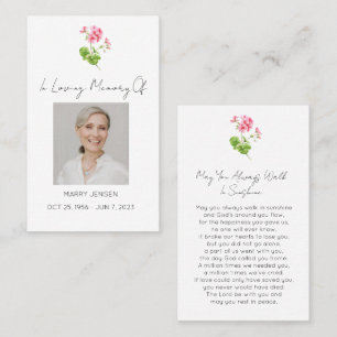 Simple Geranium Photo Funeral Prayer Card