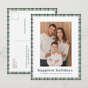 Simple Gingham Photo Happiest Holidays Christmas Holiday Postcard