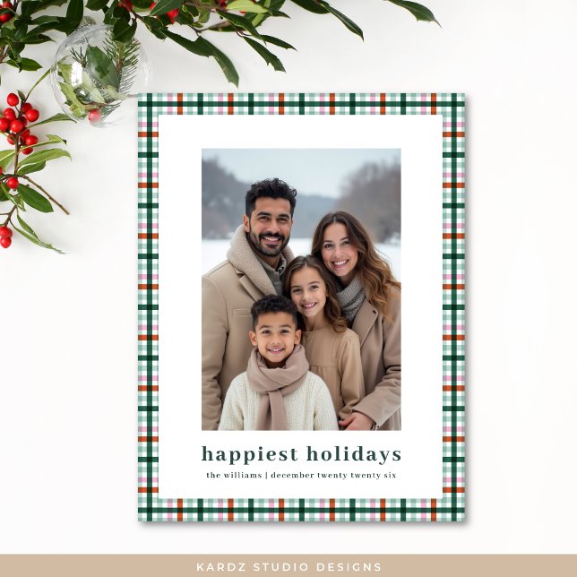 Simple Gingham Photo Happiest Holidays Christmas Holiday Postcard (Front of Postcard is shown, personalize the message and address on the back of card.)