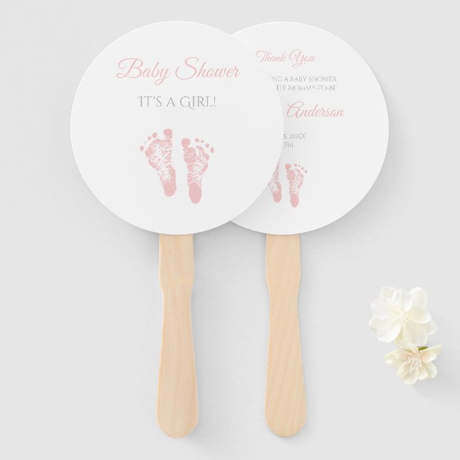 Simple Girl Baby Shower Precious Pink Footprints Hand Fan (Front and Back)