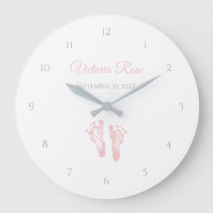 Simple Girl Birth Memento Precious Pink Footprints Large Clock