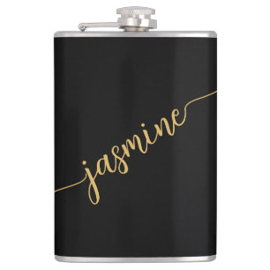 Simple Girly Black And Gold Monogram Name Script Hip Flask