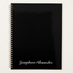 Simple girly cute black handwritten name text planner<br><div class="desc">Simple girly cute black and white handwritten casual script name,  text,  monogram or year personalised Planner.
Custom white text on black plain solid colour background.</div>