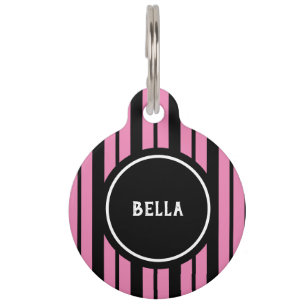 Simple Girly Hot Pink Black Stripes Personalised Pet Tag