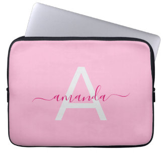 Simple Girly Pink Personalised Name & Monogram Laptop Sleeve