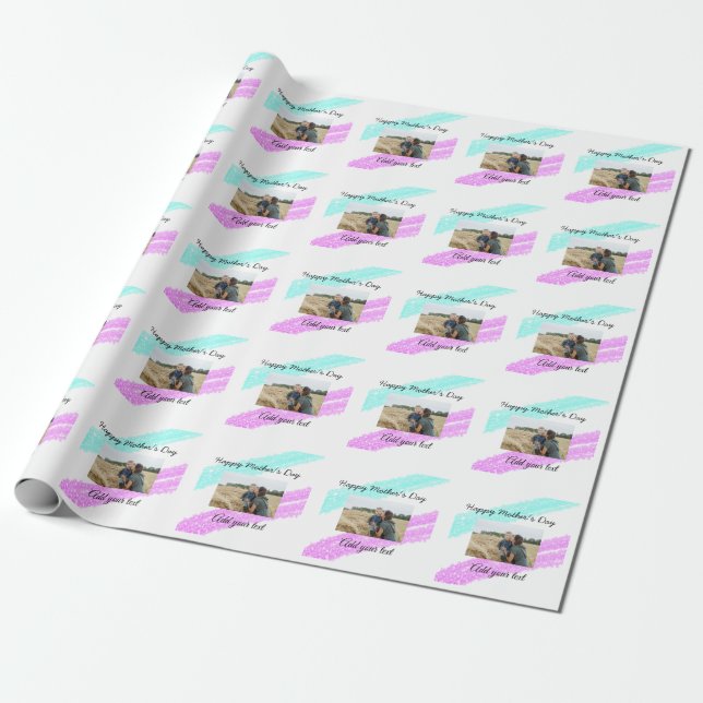 Simple glitter pink blue mothers day add name phot wrapping paper (Unrolled)