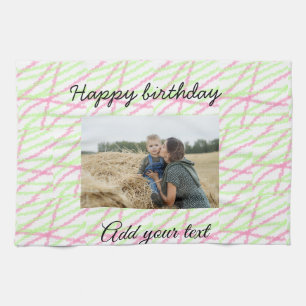 Simple glitter red green add your photo birthday  tea towel