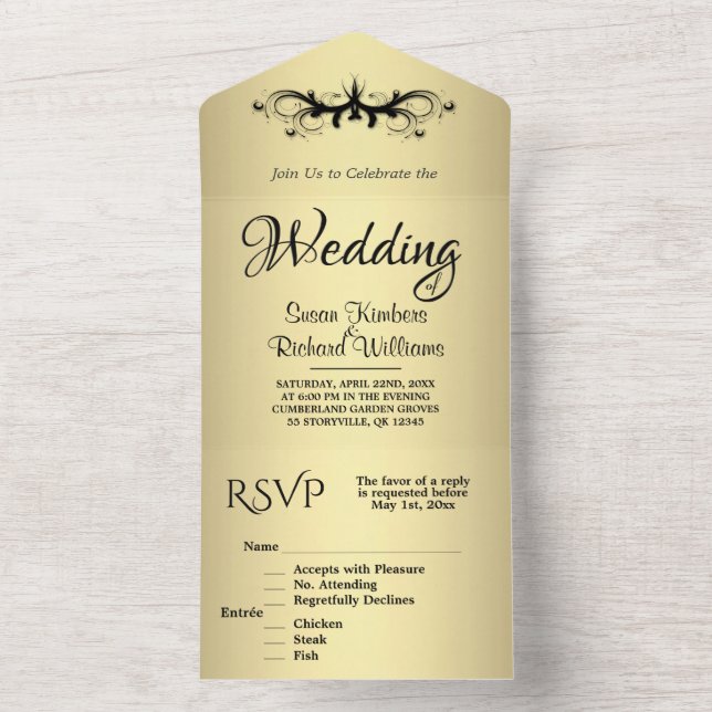  Simple Gold and Black Tri Fold w Rsvp Wedding  All In One Invitation (Inside)