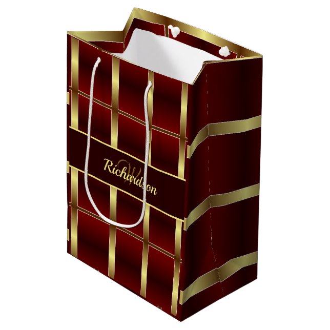 Simple Gold And Burgundy Chequered Monogrammed Medium Gift Bag (Front Angled)