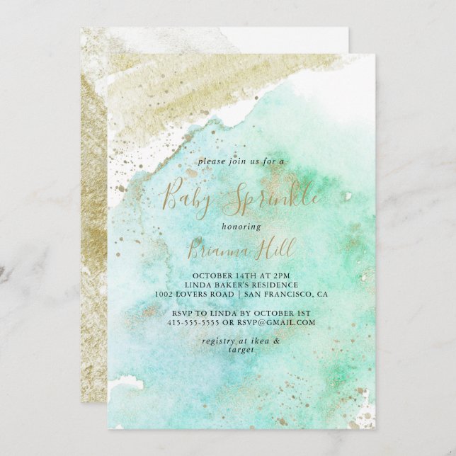 Simple Gold and Green Minimalist Baby Sprinkle Invitation (Front/Back)